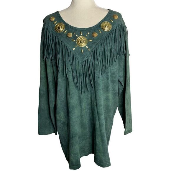 Unbranded Tops - Vintage 90s Embellished Western T Shirt L Green Acid Wash Fringe Long Sleeves